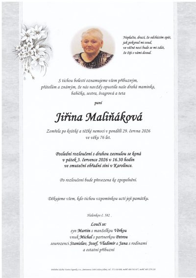 Smuteční oznámení – Jiřina Maliňáková