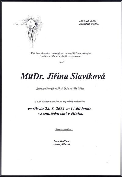 Smuteční oznámení – MUDr. Jirina Slavikova