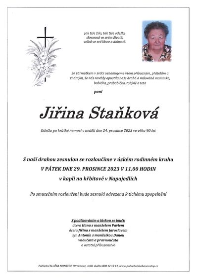 Smuteční oznámení – Jiřina Stanková