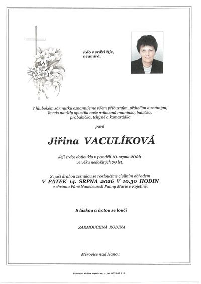 Smuteční oznámení – Jiřina Vaculíková