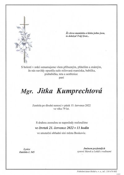 Smuteční oznámení – Mgr. Jitka Kumprechtová