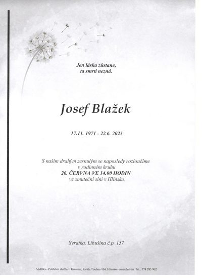 Smuteční oznámení – Josef Blazek