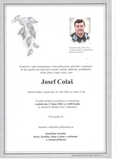 Smuteční oznámení – Josef Colaš