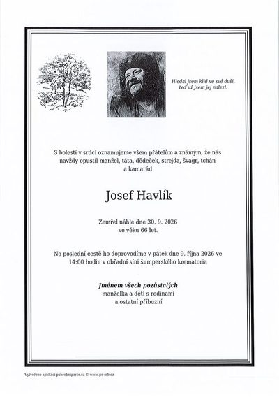 Smuteční oznámení – Josef Havlík