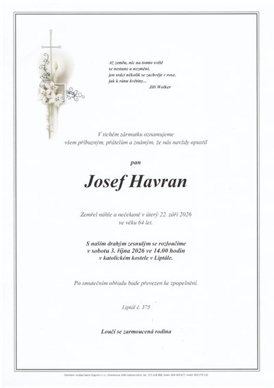 Smuteční oznámení – Josef Havran