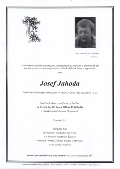 Smuteční oznámení – Josef Jahoda
