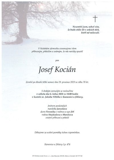 Smuteční oznámení – Josef Kocián