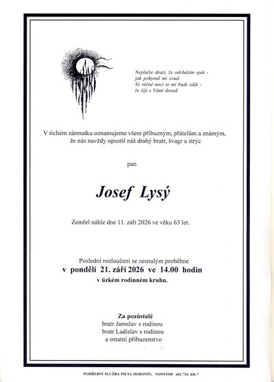 Smuteční oznámení – Josef Lysy