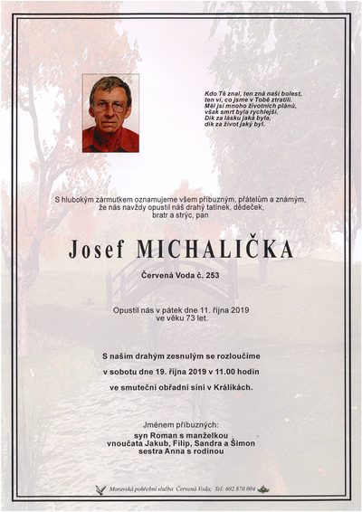Smuteční oznámení – Josef Michalička