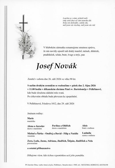 Smuteční oznámení – Josef Novák