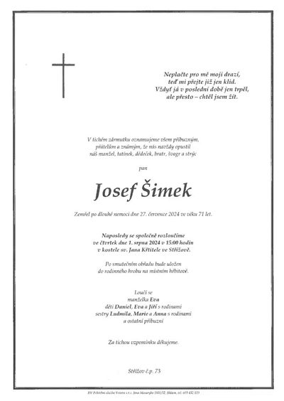 Smuteční oznámení – Josef Šimek