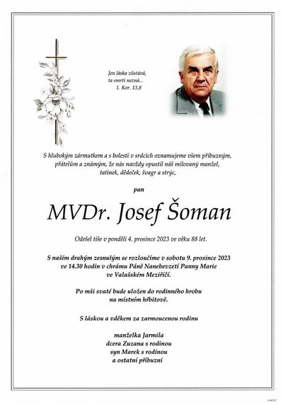 Smuteční oznámení – MVDr. Josef Šoman