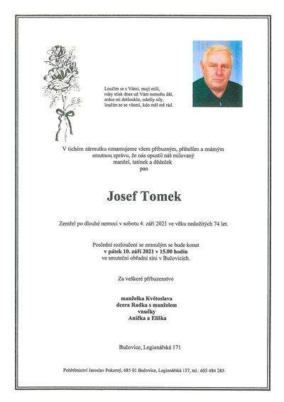 Smuteční oznámení – Josef Tomek