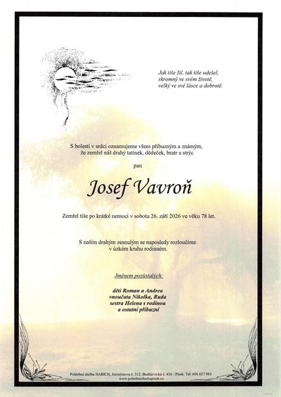 Smuteční oznámení – Josef Vavroň