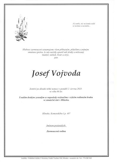 Smuteční oznámení – Josef Vojvoda