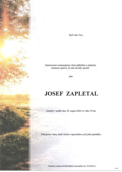 Smuteční oznámení – Josef Zapletal