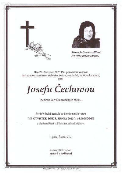 Smuteční oznámení – Josefu Čechovou