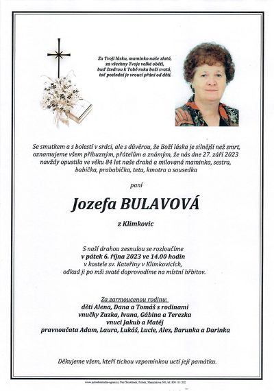 Smuteční oznámení – Jozefa Bulavová
