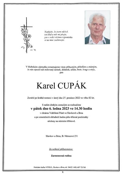 Smuteční oznámení – Karel Cupák