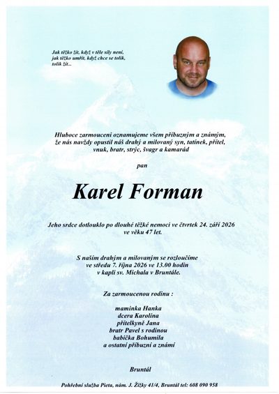 Smuteční oznámení – Karel Forman