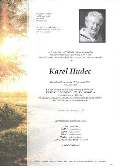 Smuteční oznámení – Karel Hudec