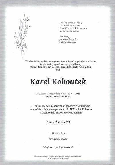 Smuteční oznámení – Karel Kohoutek