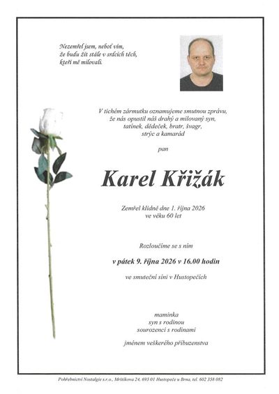 Smuteční oznámení – Karel Křižák