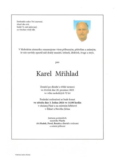 Smuteční oznámení – Karel Mřihlad