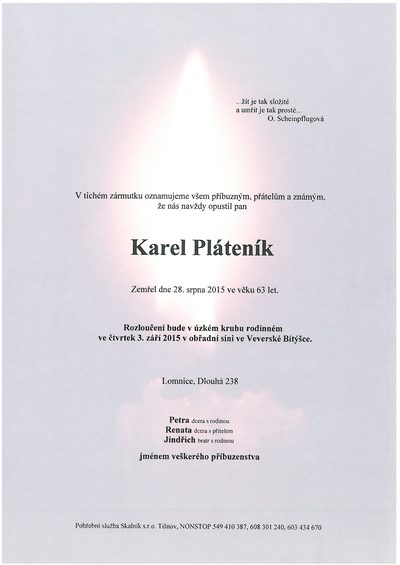 Smuteční oznámení – Karel Pláteník