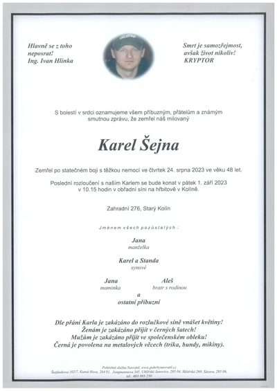Smuteční oznámení – Karel Šejna