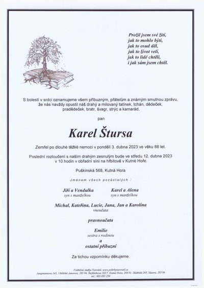 Smuteční oznámení – Karel Štursa