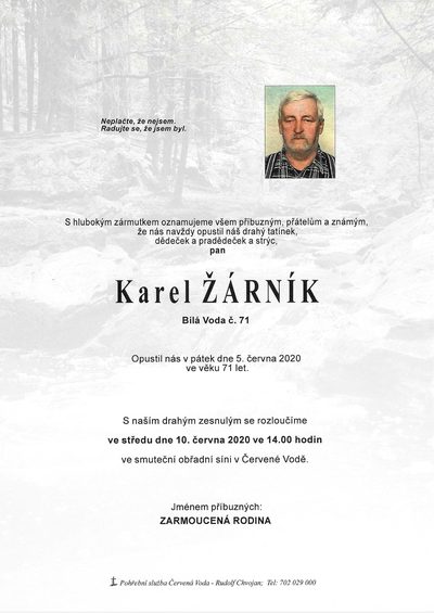 Smuteční oznámení – Karel Žárník