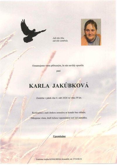 Smuteční oznámení – Karla Jakúbková