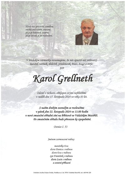 Smuteční oznámení – Karol Grellneth