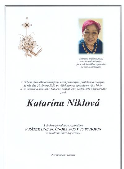 Smuteční oznámení – Katarína Niklová