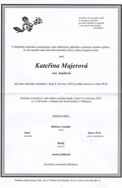 Smuteční oznámení – Kateřina Majerová
