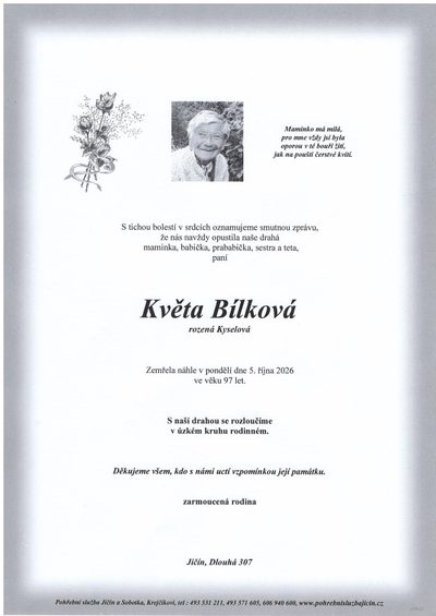 Smuteční oznámení – Květa Bílková
