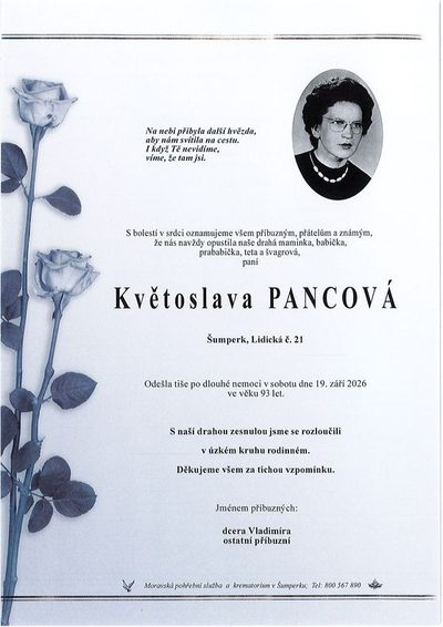 Smuteční oznámení – Květoslava Pancová