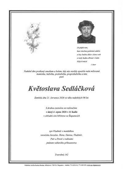 Smuteční oznámení – Květoslava Sedláčková