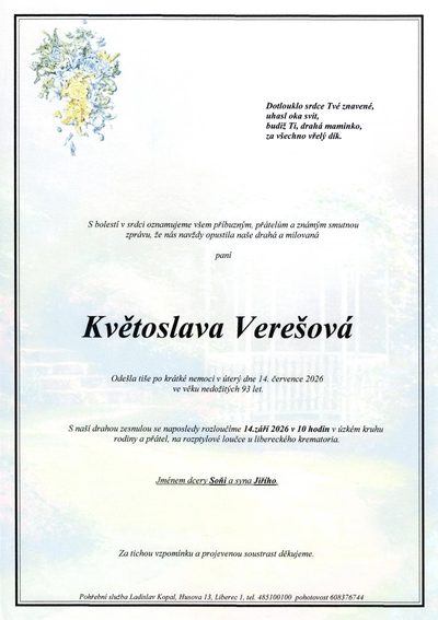 Smuteční oznámení – Květoslava Verešová