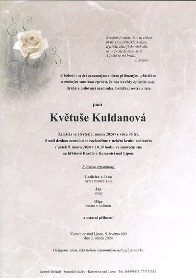 Smuteční oznámení – Květuše Kuldanová