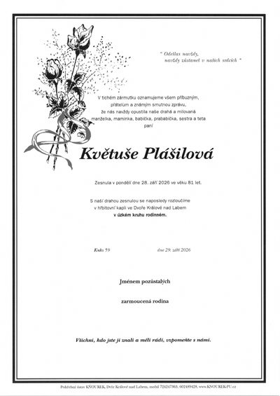 Smuteční oznámení – Květuše Plášilová