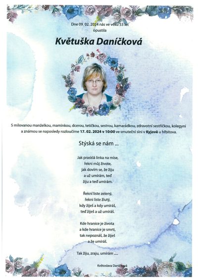 Smuteční oznámení – Kvetuska Danickova