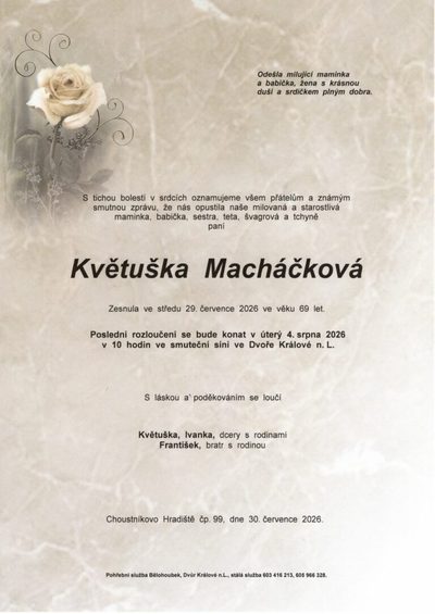 Smuteční oznámení – Kvetuska Machackova
