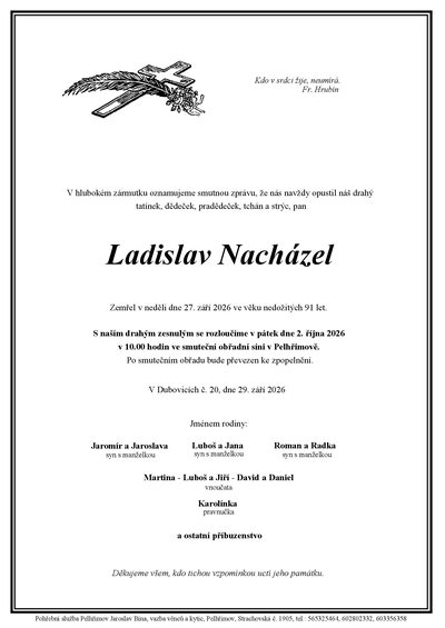 Smuteční oznámení – Ladislav Nacházel