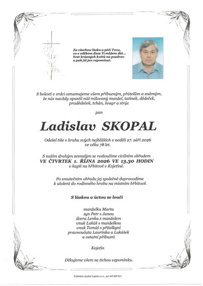 Smuteční oznámení – Ladislav Skopal