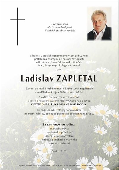 Smuteční oznámení – Ladislav Zapletal