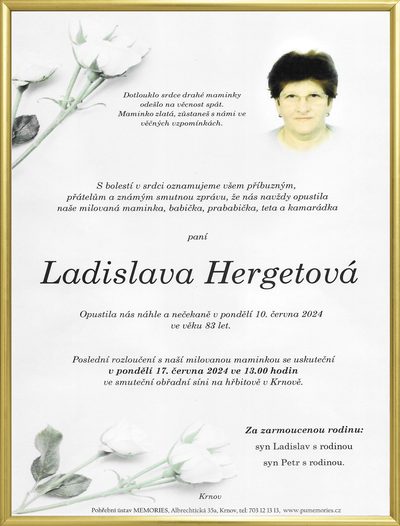 Smuteční oznámení – Ladislava FHergetová