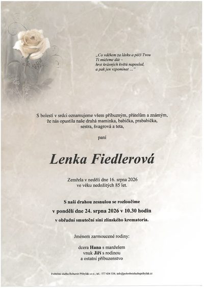 Smuteční oznámení – Lenka Fiedlerová