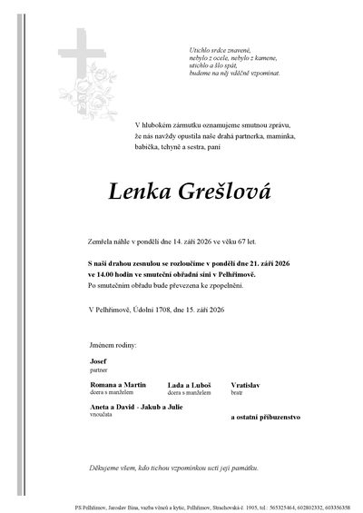 Smuteční oznámení – Lenka Grešlová